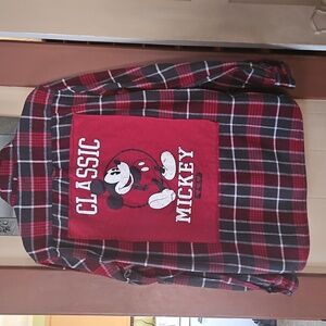Red and Black Checkered Casual Flannel Shirt with Classic Mickey On Back